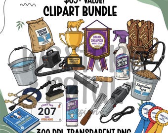 Livestock Show Clipart Bundle PNG, Show Gear Fitting Tools Clipart, 4H FFA Livestock Show Set, Awards Ribbon Western Clipart, Digital