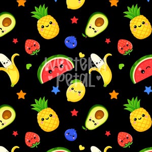 May include: A repeating pattern of smiling fruits and stars on a black background. The design includes a pineapple, avocado, strawberry, banana, watermelon, lemon, and blueberry. The fruits have cute faces and are in various colors.