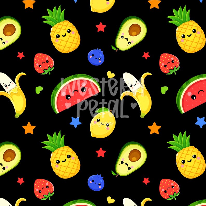 May include: A repeating pattern of smiling fruits and stars on a black background. The design includes a pineapple, avocado, strawberry, banana, watermelon, lemon, and blueberry. The fruits have cute faces and are in various colors.