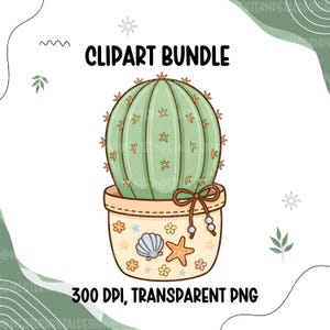 K&ouml;nnte beinhalten: Ein digitales Clipart-Bundle mit einem Cartoon-Kaktus in einem beigen Topf, der mit Muscheln und Blumen verziert ist. Der Kaktus ist hellgr&uuml;n mit sternf&ouml;rmigen Details. Der Text "CLPART BUNDLE" und "300 DPI, TRANSPARENT PNG" sind ebenfalls enthalten.