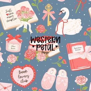 Puede incluir: Un patrón sin costuras con elementos románticos sobre un fondo azul. El diseño incluye libros, rosas, un cisne, una llave, una vela y zapatillas. El texto incluye "Just one more chapter", "Slow Burn", "Western Petal Design", "Romance Reader" y "Book lovers club".