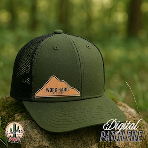 May include: A green and black trucker hat with a brown leather patch that says "Work Hard Stay Humble".