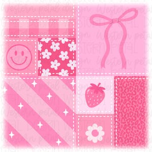 May include: A digital patchwork design featuring various pink squares with patterns including a smiley face, white flowers, a pink bow, diagonal stripes with stars, a strawberry, and a leopard print. The text Western petal design is visible.