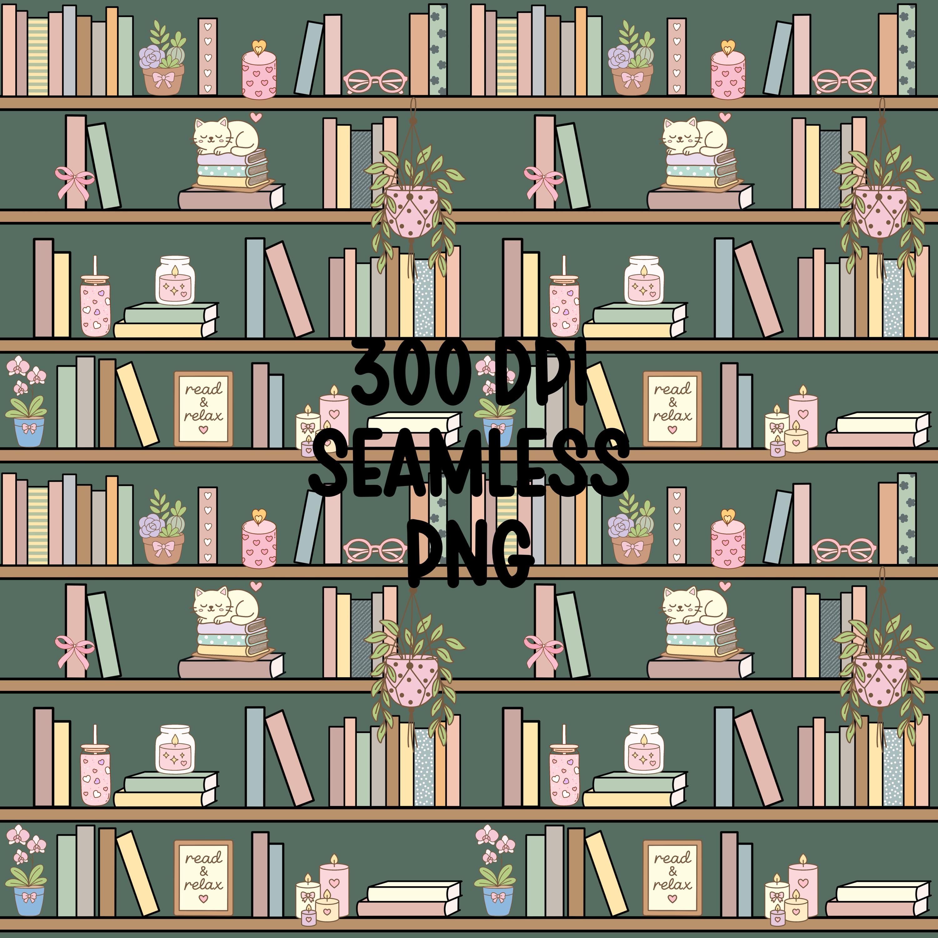 Green Bookshelf Seamless Pattern PNG, Cozy Bookish Cat Digital Paper ...