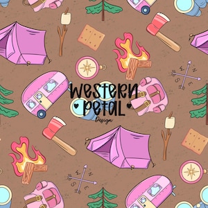May include: Seamless pattern featuring camping-themed illustrations. Pink tents, axes, compasses, backpacks, trailers, and campfires are scattered across a brown background. The text "Western Petal Design" is also present.