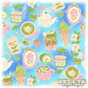 May include: A seamless pattern featuring matcha-themed illustrations on a blue background. Elements include pink cups of matcha latte with heart foam, matcha ice cream cones, teapots, matcha tea bags, pink floral frames, and green cakes.