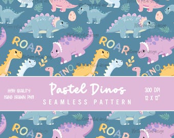 Pastel Dinosaur Seamless Pattern PNG, Cute Dino Digital Paper, Kids Nursery Pattern, Baby Dino Fabric Design, 12x12 Sublimation Download