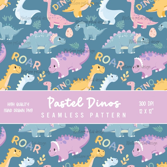Pastel Dinosaur Seamless Pattern PNG, Cute Dino Digital Paper, Kids Nursery Pattern, Baby Dino Fabric Design, 12x12 Sublimation Download
