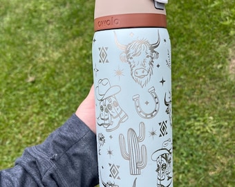 Engraved Owala Tumbler, Western Cowgirl Water Bottle, Highland Cow Tumbler, Floral Boot Aztec Design, 24 32 40 oz Cup