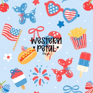 May include: A light blue pattern featuring American patriotic symbols. The design includes an American flag, heart-shaped sunglasses, ice cream, hot dogs, and balloon animals in red, white, and blue.