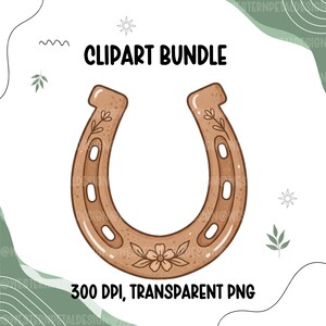 K&ouml;nnte beinhalten: Illustration eines braunen Hufeisens mit floralen Details und dem Text "CLIPART BUNDLE". Das Hufeisen hat ein Blumen- und Bl&auml;tterdesign. Das Bild enth&auml;lt auch den Text "300 DPI, TRANSPARENT PNG".
