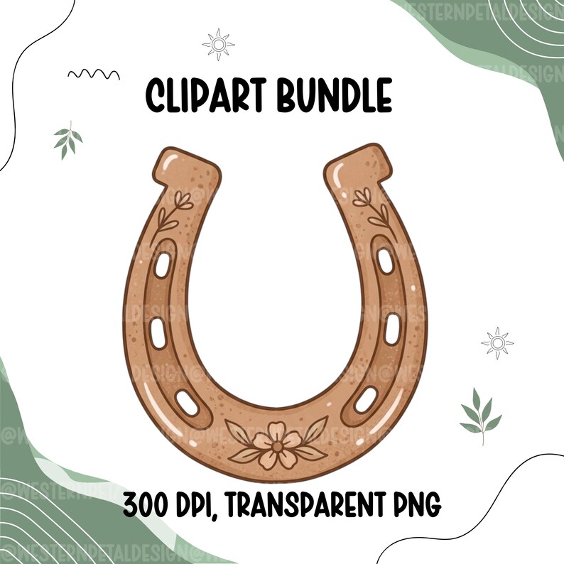 K&ouml;nnte beinhalten: Illustration eines braunen Hufeisens mit floralen Details und dem Text "CLIPART BUNDLE". Das Hufeisen hat ein Blumen- und Bl&auml;tterdesign. Das Bild enth&auml;lt auch den Text "300 DPI, TRANSPARENT PNG".