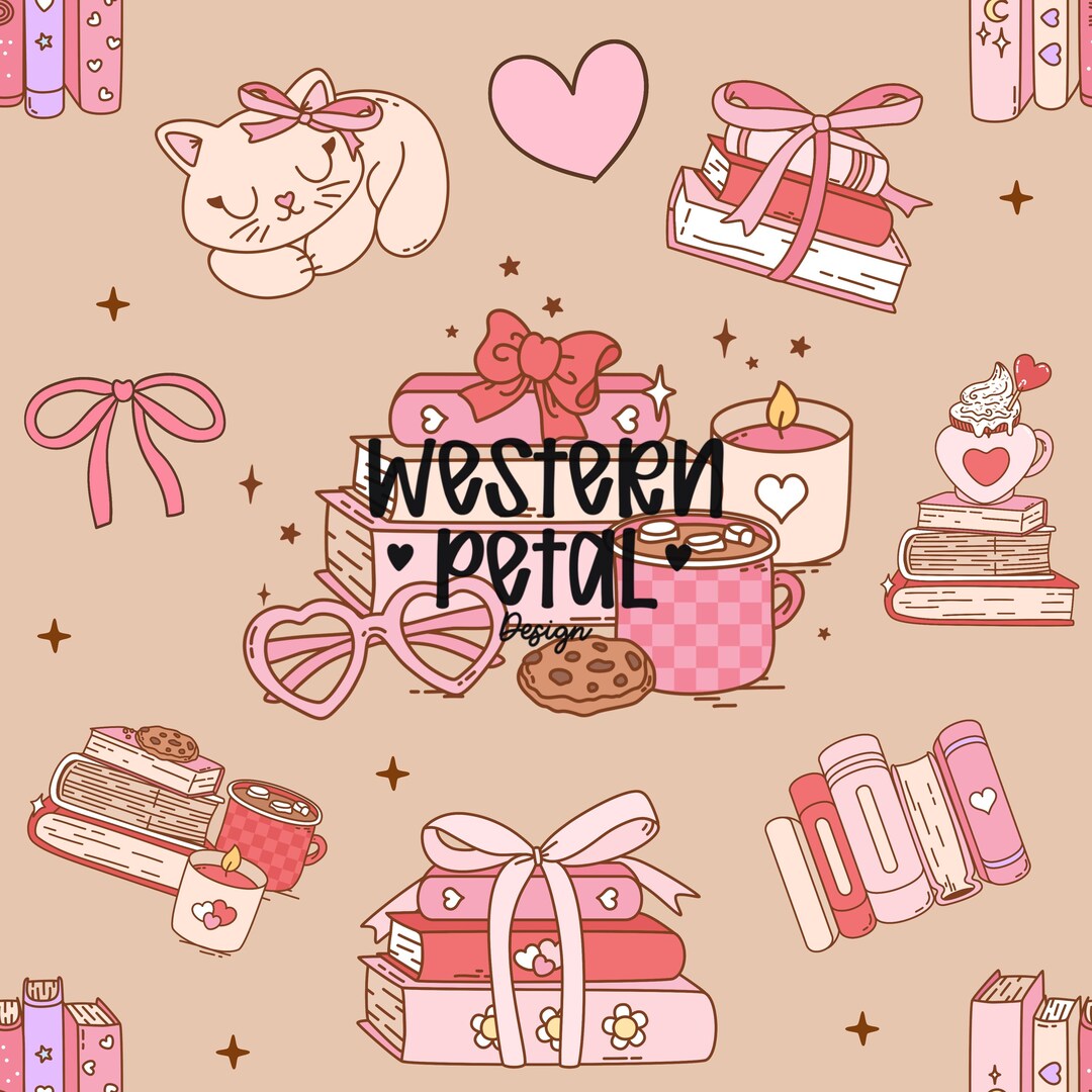 Bookish Seamless Pattern PNG, Coquette Pink Digital Paper, Cozy Reading ...