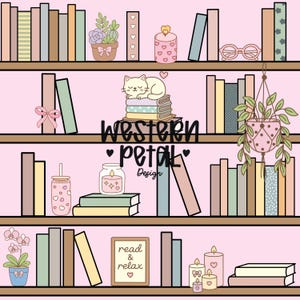 May include: Illustration of a bookshelf with books, candles, plants, and a cat sleeping on books. The text "Western Petal Design" is displayed. A sign reads "read & relax". The color scheme is soft pink, beige, and pastel colors.