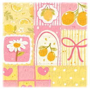 Citronlapptäcke Sömlöst Mönster PNG | Rosa Citrus Digitalt Papper | Coquette Sommarcitroner Daisy Rosett Cottagecore Design | 12x12 300 DPI