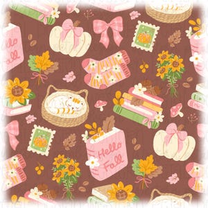 May include: A brown seamless pattern featuring illustrations of pumpkins with pink bows, sunflowers, stacks of books, a sleeping cat in a basket, pink socks with white flowers, mushrooms, acorns, and stamps with the text Hello Fall on a book.