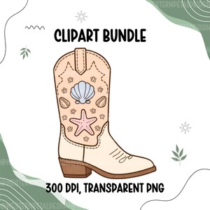 K&ouml;nnte beinhalten: Ein digitales Clipart-Bundle mit einem beigefarbenen Cowboy-Stiefel mit Muschel- und Seestern-Designs. Der Stiefel hat einen braunen Absatz und ist mit einer hellblauen Muschel, einem rosa Seestern und kleinen Blumen verziert. Der Text "CLIPART BUNDLE" und "300 DPI, TRANSPARENT PNG" ist ebenfalls enthalten.