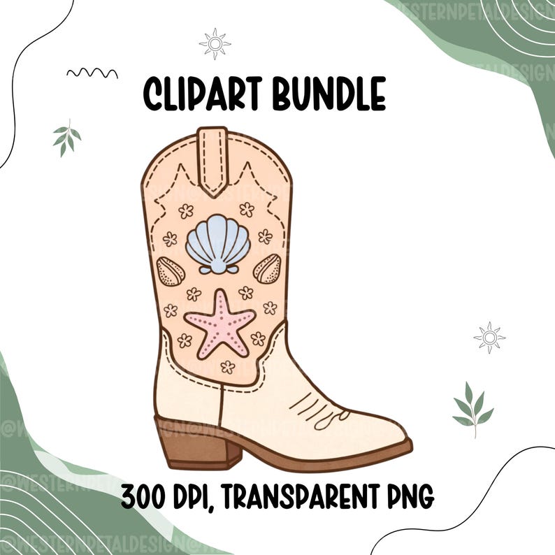 K&ouml;nnte beinhalten: Ein digitales Clipart-Bundle mit einem beigefarbenen Cowboy-Stiefel mit Muschel- und Seestern-Designs. Der Stiefel hat einen braunen Absatz und ist mit einer hellblauen Muschel, einem rosa Seestern und kleinen Blumen verziert. Der Text "CLIPART BUNDLE" und "300 DPI, TRANSPARENT PNG" ist ebenfalls enthalten.