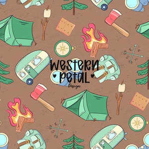 May include: A repeating pattern featuring camping-themed illustrations on a brown background. The design includes green tents, axes, compasses, campfires, backpacks, and a camper. The text "Western Petal Design" is also included.