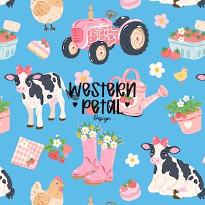May include: A repeating pattern on a blue background features farm animals, strawberries, and a pink tractor. The design includes cows, chickens, and flowers. The text "Western Petal Design" is also included in the design.