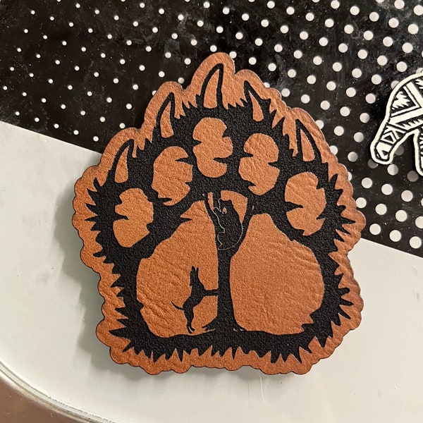 Bear paw leatherette patch for hats with adhesive - heat press, iron on, vegan leather, laser engraved