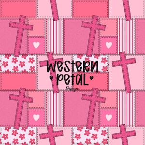 Pode incluir: Um padrão repetitivo com cruzes rosa, corações e elementos florais em um fundo de patchwork. O design incorpora vários tons de rosa e branco, com o texto "Western Petal Design".