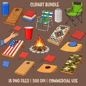 Paquete de imágenes prediseñadas de Cornhole en formato PNG, imágenes prediseñadas para fiestas en el jardín, conjunto de imágenes prediseñadas para fiestas al aire libre, tablero de Cornhole patriótico con camuflaje occidental, imágenes prediseñadas para barbacoas de verano en formato PNG.