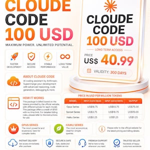 May include: A digital product advertisement for Cloude Code 100 USD by SilentDigitalLab. The graphic features orange and white text, icons for development features, a pricing table for Opus, Sonnet, and Haiku models, and a 300-day validity notice.