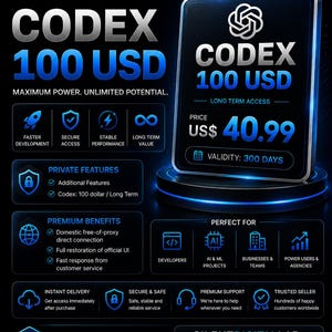 May include: A digital promotional graphic for SilentDigitalLab featuring the Codex 100 USD service. The layout includes text detailing features, premium benefits, and a price of 40.99 USD for 300 days of access, presented in a dark blue color scheme.