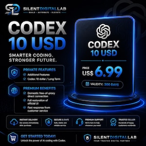 Könnte beinhalten: Eine digitale Anzeige mit dem Text CODEX 10 USD, Smarter Coding. Stronger Future. Die Grafik enthält einen Preis von 6,99 USD, eine Gültigkeit von 300 Tagen und listet Funktionen wie privaten Zugang, Premium-Vorteile und sofortige Lieferung auf.