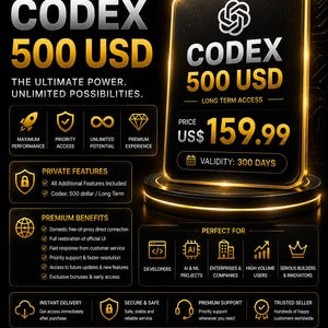 Puede incluir: Un gráfico promocional digital en negro y dorado para SilentDigitallab Codex 500 USD. Incluye texto que detalla un plan premium, 300 días de validez y un precio de 159,99 USD. El diseño presenta iconos para rendimiento, acceso y beneficios.
