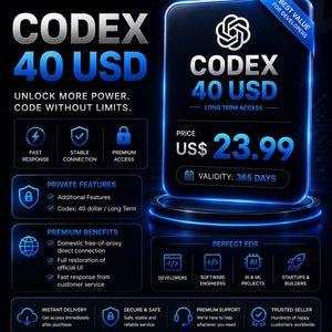 May include: A digital advertisement for SilentDigitallab Codex featuring a blue and black color scheme. The text displays pricing of 40 USD, a discounted price of 23.99 US dollars, and a 365-day validity period. It lists features like fast response and premium access.