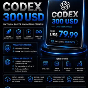 May include: A digital advertisement for Codex 300 USD featuring a black and blue color scheme. The text includes SilentDigitallab, Maximum Power, Unlimited Potential, Price US$ 79.99, Validity 300 Days, Private Features, Premium Benefits, and Perfect For.