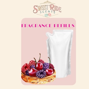 May include: A white pouch with a spout for refilling fragrance oil. The pouch is next to a watercolour illustration of a pastry topped with cherries and blackberries.