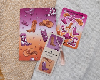 Paquete de regalo de papelería Howdy / Cuaderno de vaquera, marcapáginas y hoja de pegatinas