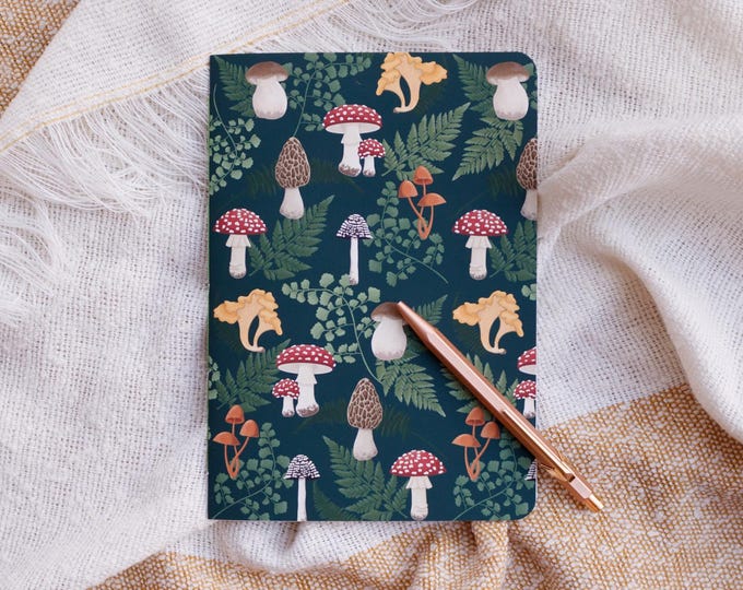 A5 Handmade Notebook with Mushroom & Fern Design | Soft Cover Journal