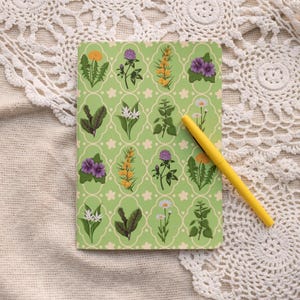 May include: A green notebook with a floral pattern featuring various flowers and plants. A yellow pen is lying on top of the notebook.