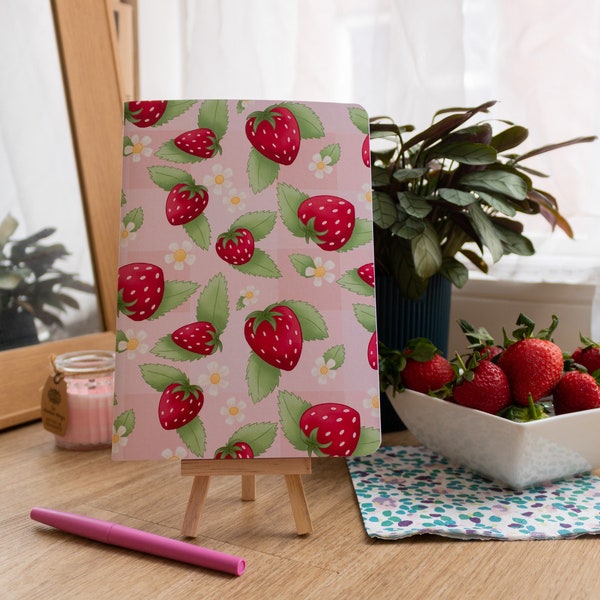 A5 Handmade Notebook with Strawberry Design | Soft Cover Journal | Dot Grid Ruled Squares Blank Inners