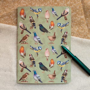 Op de afbeelding: Een rechthoekig notitieboek met een lichtgroene kaft met een herhalend patroon van diverse kleurrijke vogels, waaronder roodborstjes, pimpelmezen en duiven. Een donkergroene balpen ligt diagonaal over de rechterbenedenhoek.