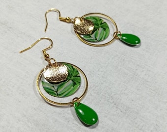 Boucles d'oreilles pendantes goutte feuilles vert fermoirs acier inoxydable