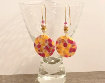 Boucles d'oreilles pendantes acétate orange fuchsia  - boucles d'oreilles mariage - cadeau femme - cadeau pour elle - boucles colorées