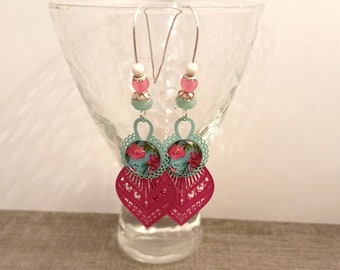 Boucles d'oreilles pendantes cabochon rose bleu - boucles d'oreilles mariage - cadeau femme - cadeau pour elle - boucles colorées