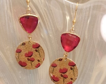 Boucles d'oreilles pendantes coquelicots acier,  boucles d'oreilles acier, boucles d'oreilles fleur idée cadeau, boucles d'oreilles or rouge