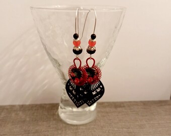 Boucles d'oreilles pendantes cabochon rouge noir - boucles d'oreilles mariage - cadeau femme - cadeau pour elle - boucles colorées