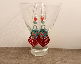 Boucles d'oreilles pendantes cabochon rouge bleu - boucles d'oreilles mariage - cadeau femme - cadeau pour elle - boucles colorées