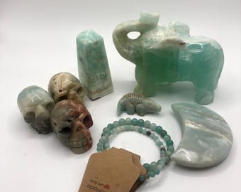 Caribbean Calcite Crystal Carvings: Elephant, Skull, Moon & More