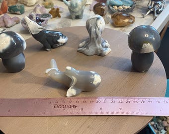Orca Agate Carvings: Wolf, Whale, Octopus, Mushroom