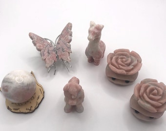 Pink Opal Carvings: Sphere, Butterfly, Giraffe, Flower, Pony