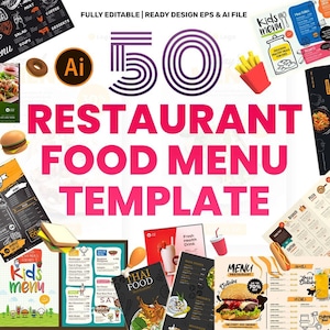 50 plantillas editables premium para menús de comida de restaurante: diseños modernos y personalizables en formatos EPS/AI para restaurantes y cafeterías