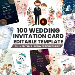 100 Hochzeitseinladungskarte Bearbeitbare Designvorlage | Fertige Hochzeitseinladungen: 100 hochauflösende EPS-Vorlagen